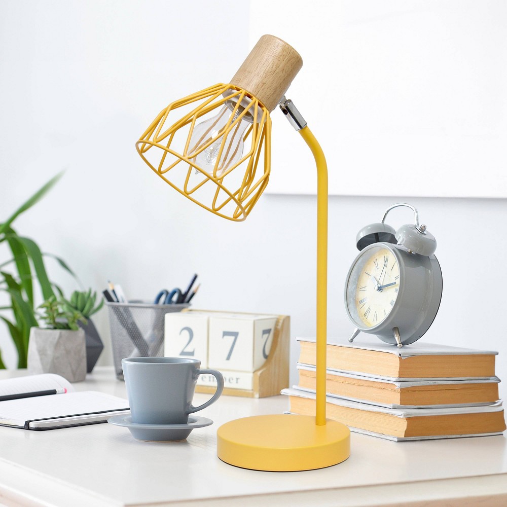 Simple Designs 18.19" Industrial Farmhouse Fusion Adjustable Cage Wire Accent Desk Lamp Yellow