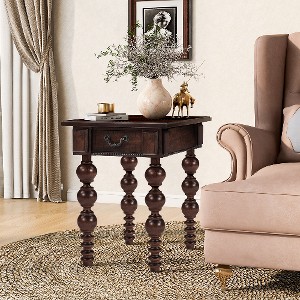 Lyngins Vintage End Table with Drawer with Solid Rubber Wood Legs, Waterproof Acacia Wood Veneer Top, Bubble Design Spindles, Living Room Side Table - 1 of 4