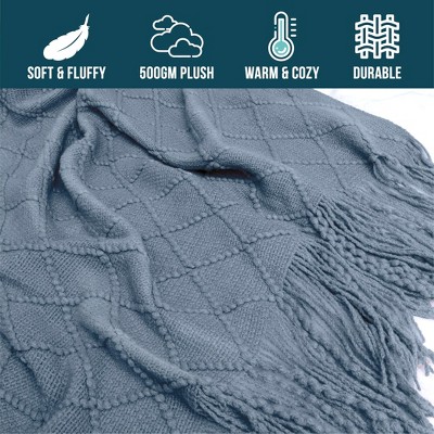 Dusty Blue Knitted Fleece Throw Blanket with Fringe