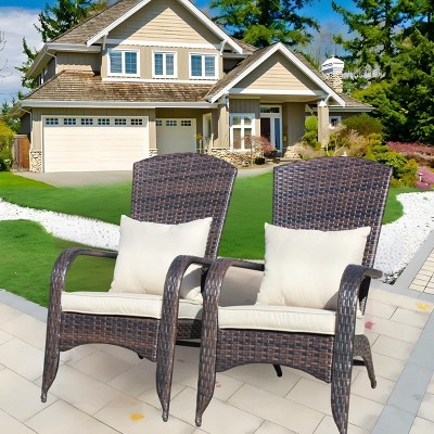 Set of 2 Outdoor Brown Patio Arm Chair with Cushions Deep Seat Lounge Chair for Porch Deck or Garden Relaxation Brown Woven Backrest-Maison Boucle