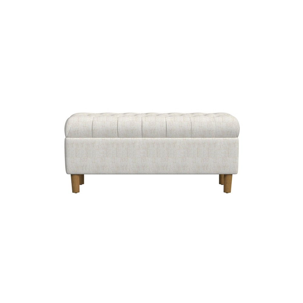 Button Tufted Storage Bench with Cone Wood Legs Cream - HomePop: Hinged Lid, Honey Oak Finish, Polyester Upholstery