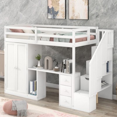 Twin Size Loft Bed With Desk Wardrobe 3 Drawers Open Cabinet Storage Staircase, No Box Spring Needed, Space-Saving For Kids Girls Boys Teens