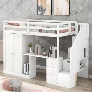 Twin Size Loft Bed With Desk Wardrobe 3 Drawers Open Cabinet Storage Staircase, No Box Spring Needed, Space-Saving For Kids Girls Boys Teens - 1 of 4