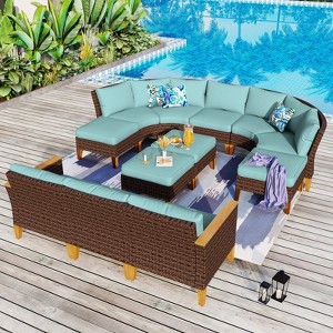 Captiva Designs 12pc Outdoor Wicker Rattan Patio Half-Moon Curved Sectional Sofa Set with Cushioned Ottoman - 1 of 4