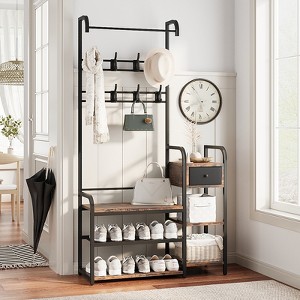Hallway Storage Bench with Coat Hooks & Shoe Shelves - 8 Double Hooks, Metal Frame, Entryway Organizer, Shoe Rack Bench for Hall, Bedroom, Mudroom - 1 of 4