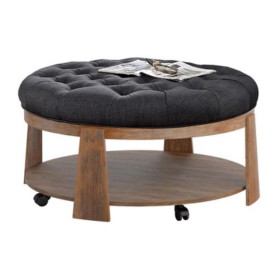 Royal Hampton 41 Inch Ottoman Coffee Table, Button Tufted Gray Fabric, Brown Wood