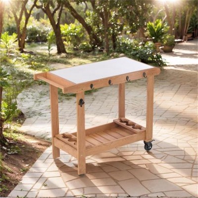 SKRAN Outdoor Wooden Grill Cart Table with Wheels, Metal Top and Storage, for Patio Backyard Garden BBQ(Brown)