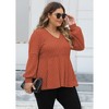 Plus Size Women's V Neck Ribbed T-Shirt Fluffy Fleece Puff Sleeve Casual Loose Fit Blouse Tunic Top - 4 of 4