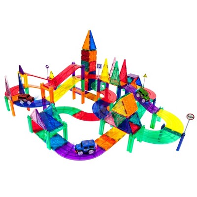 PICASSO-TILES 128 Pc Magnetic Tiles Race Track, Building Blocks Racing Toys with 3 Cars Included for Kids