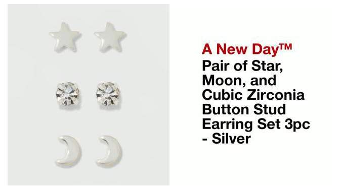 Pair of Star, Moon, and Cubic Zirconia Button Stud Earring Set 3pc - A New Day&#8482; Silver, 2 of 7, play video