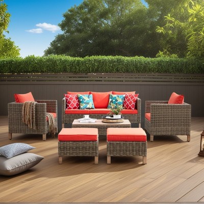 Chic Crate - Duponta 6-Piece All-Weather Wicker Sectional Set with Orange Cushions & Table
