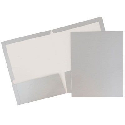 JAM Paper Laminated Two-Pocket Glossy Presentation Folders Silver Bulk 50/Box 385GSIC