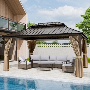 EAGLE PEAK Aluminum Double Hardtop Gazebo with Curtains and Netting - 1 of 4