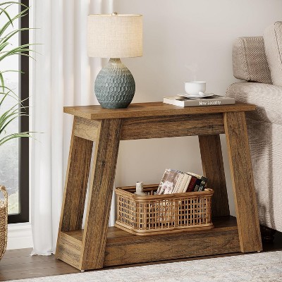 End table placed in living room with lamp and basket items
