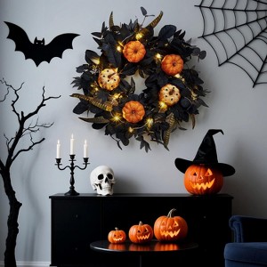 18in Pre-Lit Autumn Halloween Pumpkin Decoration for Front Door, Indoor Fall Wreath with 15 Warm White LED Lights & Maple Leaves for Window Fireplace - 1 of 4