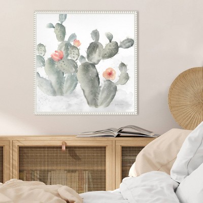 Cactus Garden Gray Blush III Watercolor Canvas Print with White Floater Frame