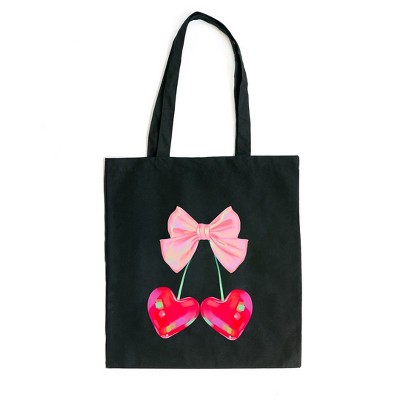 City Creek Prints Heart Cherries Coquette Canvas Tote Bag - 15x16 - Black