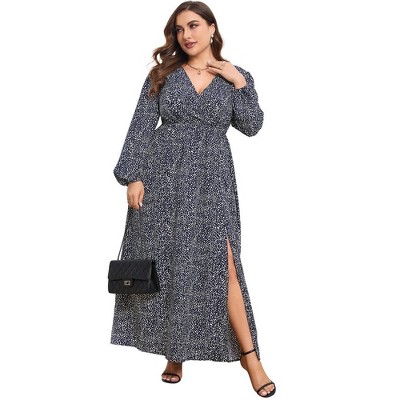 Whizmax Women Plus Size Wrap Maxi Dress Long Lantern Sleeves Empire Waist Split A Line Casual Dresses