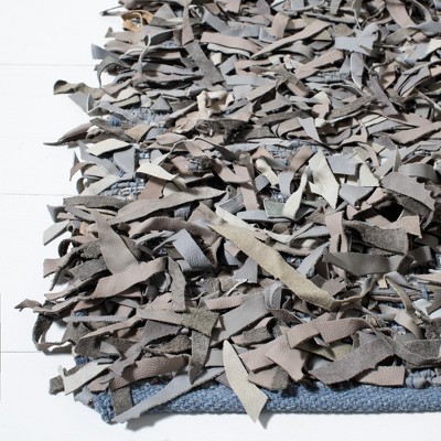 Hand-Knotted Grey and Beige Leather Shag Rug, 5' x 8'