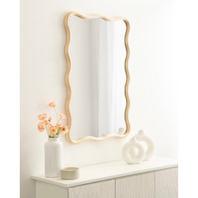 Natural Wood Scalloped Rectangular Vanity Wall Mirror 24x36
