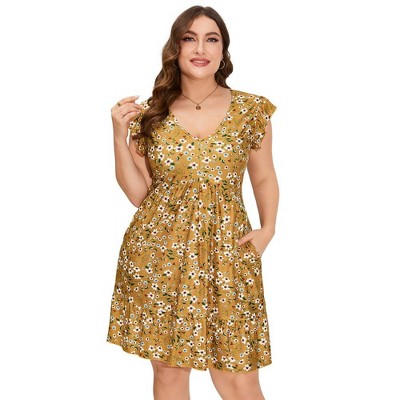 Whizmax Womens Plus Size Casual Tunic Shift Dress V Neck Loose Swing Ruffle Summer Boho Midi Dress with Pockets ,yellow white,3XL