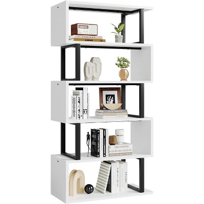 5-Tier S-Shaped Bookshelf, 70.4" Tall Modern White Bookcase for Home Office, Bedroom, or Living Room Storage & Display