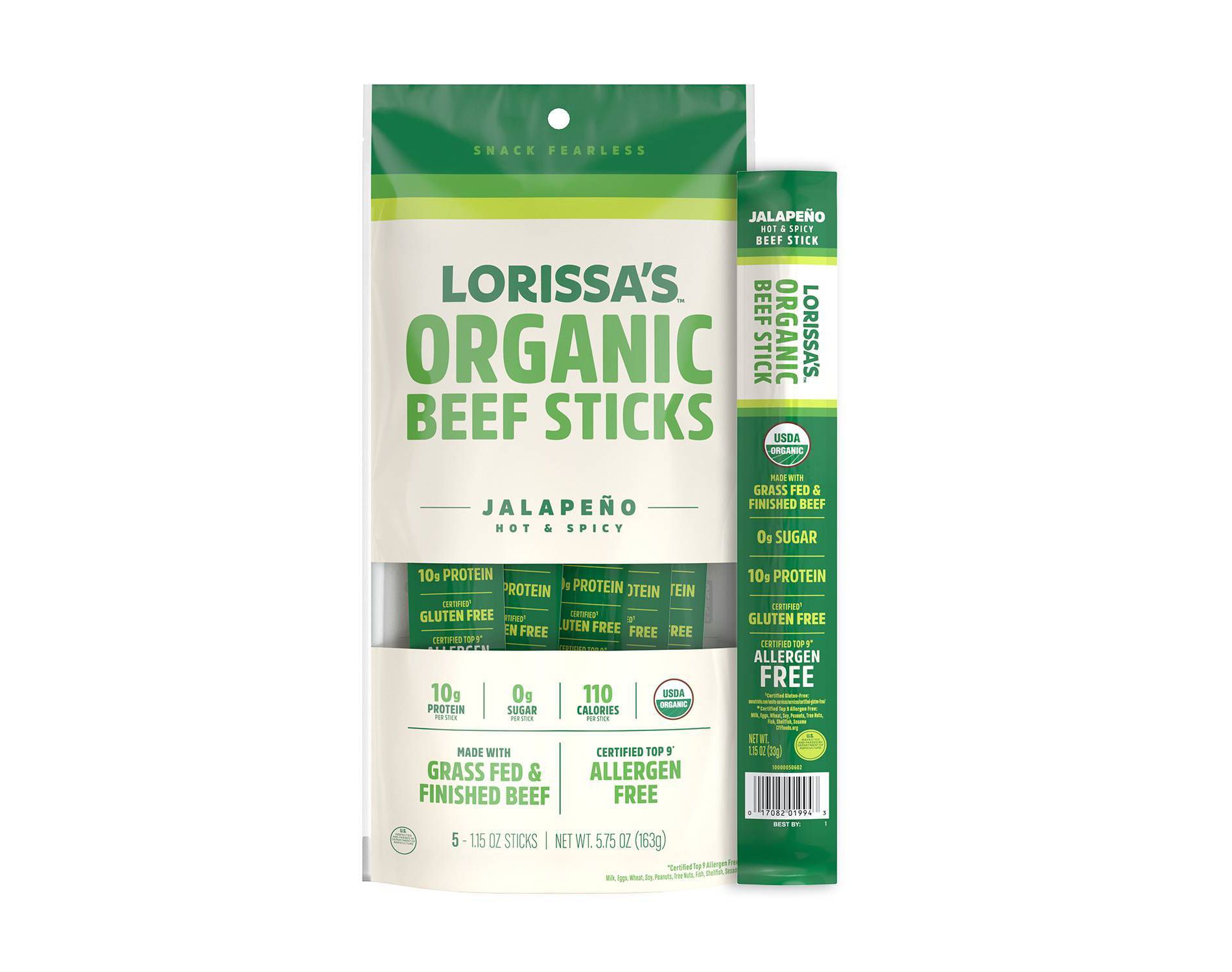 Lorissa's Kitchen Beef Jalapeño Heat Seeker Meat Sticks - 10g Protein - 1.15oz/5ct