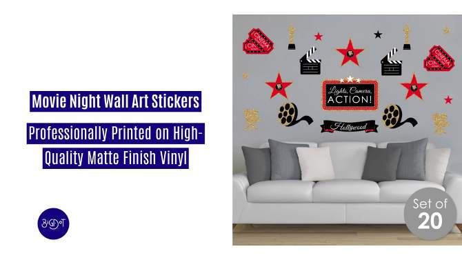Big Dot of Happiness Red Carpet Hollywood - Peel and Stick Movie Theater Decor Vinyl Wall Art Stickers - Wall Decals - Set of 20, 2 of 10, play video