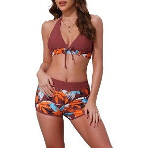Elerevyo Women's Leaf Print Color Block Bikini Sets, Halter Top Boyshorts Bottom Swimwear Bathing Suits 1 Set - 1 of 4