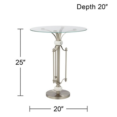 Modern Brushed Nickel 24" Round Metal Accent Table with Marble Accents