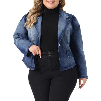 Agnes Orinda Women's Plus Size Denim Jackets Jean Notched Lapel Work  Blazers Dark Blue 4X