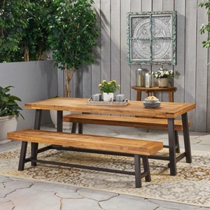 Christopher Knight Home Rousseau Outdoor Industrial Acacia Wood and Iron 3 Piece Picnic Set - 1 of 4