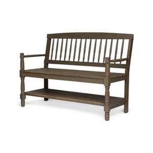 Vynxaria Patio Benches - 51" Gray Farmhouse Bench with Built-in Shelf and Black Arm Finish - 1 of 4