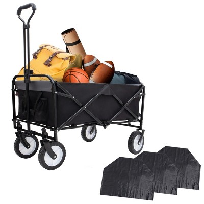 YONWAY Collapsible Foldable Beach Wagon Cart with Strapping System and 3pcs Plastic Liner Bag,Loading Capacity 360lbs for Camping Shopping