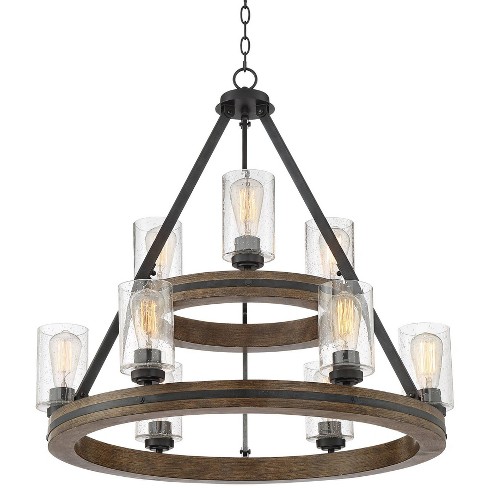 Franklin Iron Works Gray Wood Large, Large Wooden Wagon Wheel Chandelier