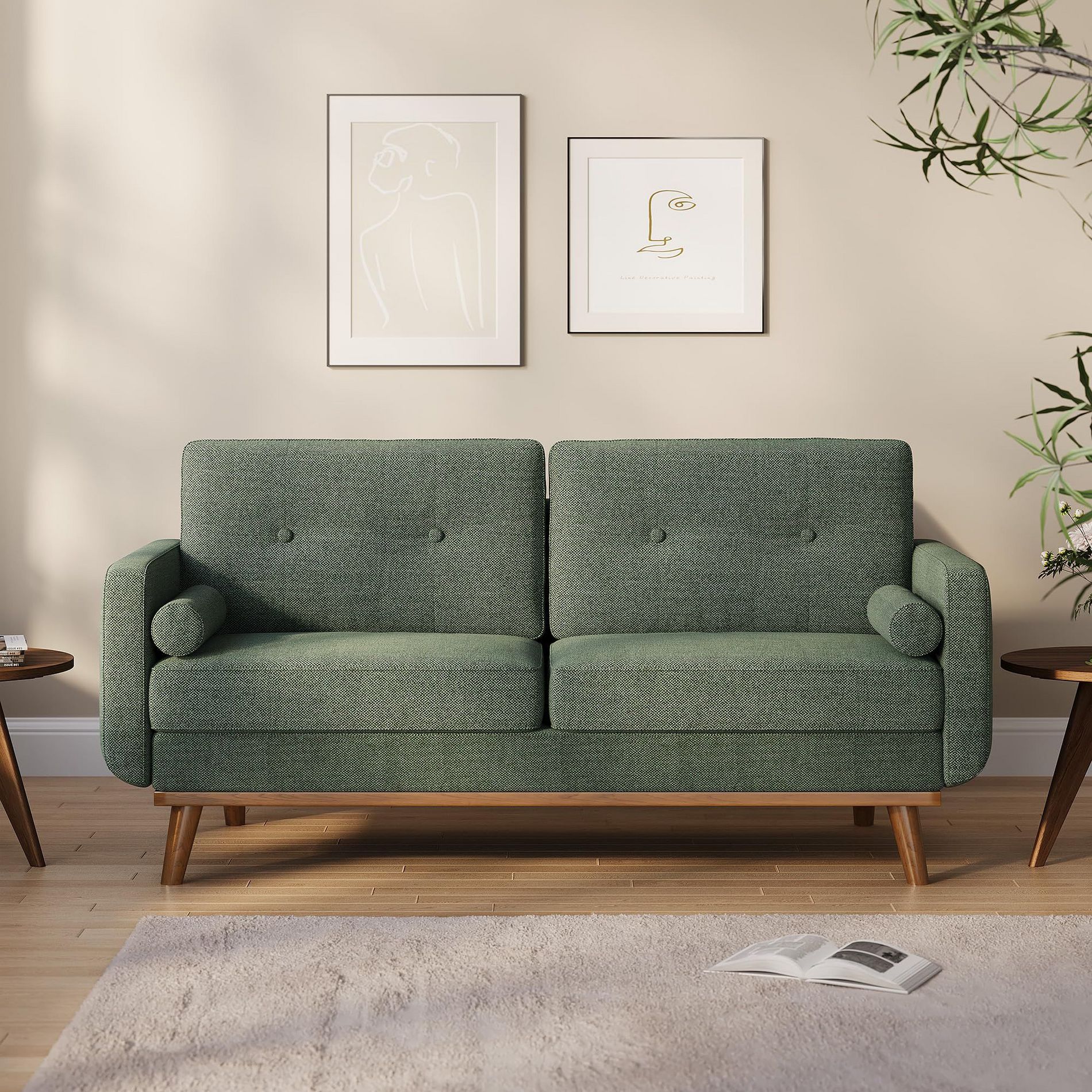 Homhougo 64" Loveseat Sofa, Mid Century Modern Couch Comfy Love Seat Couches for Living Room Green