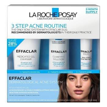 La Roche Posay Effaclar Dermatological Acne Treatment 3-Step System Kit with Medicated Gel Cleanser, Clarifying Solution and Effaclar Duo - 7.5 fl oz
