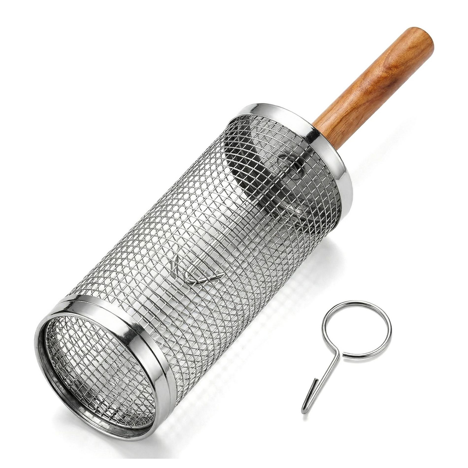 BBQ Grill Basket with Handle, Stainless Steel Rolling Grill Cage for Vegetables, Fish & Meat, Locking Barbecue Basket for Outdoor Grilling & Camping