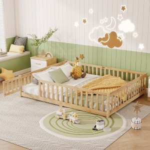 Racxily Queen Size Floor Bed with Fence,Door,Rubber Wood Floor Bed with Safety Guardrails,Natural - 1 of 4