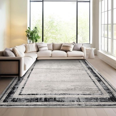 Washable Area Rug – Modern Minimalist Distressed Non-Slip Low Pile Stain-Resistant Floor Carpet for Living Room, Bedroom, Dining