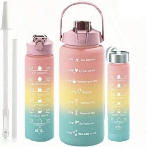 BABYYER 3-Piece Water Bottle Set (64oz, 26oz, 9oz) With Time Markings & Straw Lid - For Gym, Office, Hiking & Travel - 1 of 4