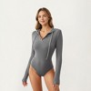 Anna-Kaci Women's Ribbed Knit Long Sleeve Bodysuit with Hoodie and Button Front Detail - 2 of 4