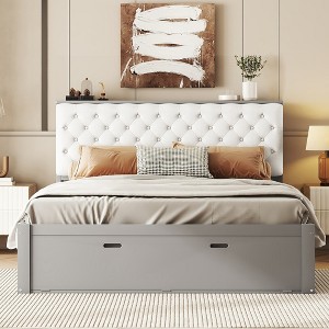 Whisen Wood Queen Size Platform Bed with Storage Headboard, Shoe Rack and 4 Drawers - 1 of 4