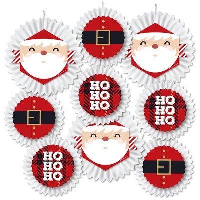 Big Dot of Happiness Jolly Santa Claus - Hanging Christmas Party Tissue Decoration Kit - Paper Fans - Set of 9