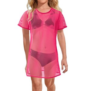 Girls Round Neck Mesh Fabric Short Sleeve Swim Dress Cover-Up Summer Casual Dress - 1 of 4