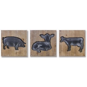 Farm Animal Wall Plaques – Set of 3, 14"SQ MDF and Wood Cow, Pig, Sheep Silhouettes – By Melrose - 1 of 3