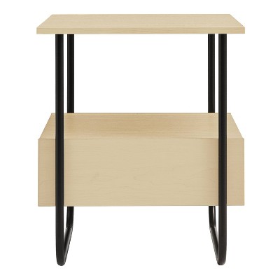 Light Maple and Black Metal Modern End Table with Open Shelf
