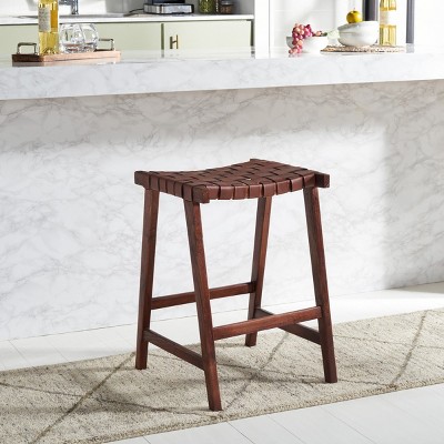 Cognac Woven Leather and Walnut Wood Backless Counter Stool