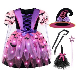 Joyfy Girls Light Up Witch Costume, Kids Witch Costume with Hat and Broom for Toddler Halloween Dress Party - 1 of 4