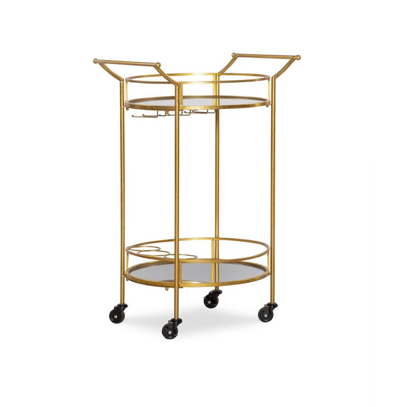 Round Metal Frame 2 Mirrored Glass Shelves 3 Glass and 3 Bottle Holders Locking Wheels Bar Cart Gold - Linon, 1 of 11